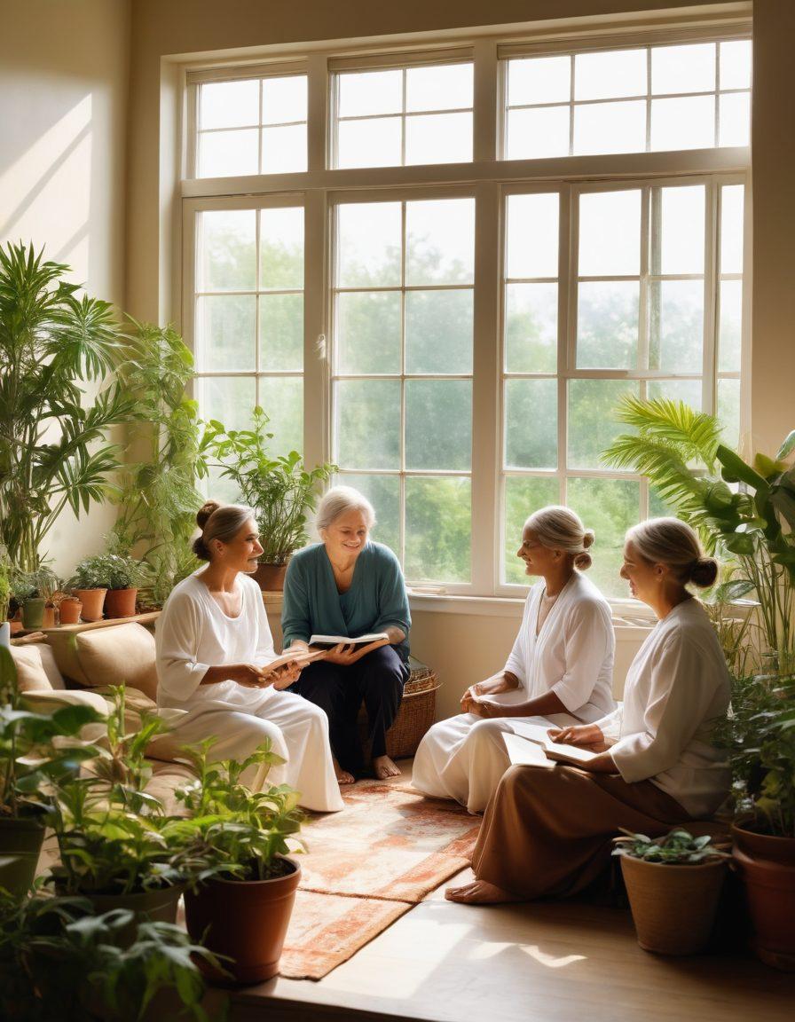 A serene scene depicting a diverse group of patients post-surgery, engaging in various activities like gardening, painting, and meditating. Radiant natural light filters through a window filled with plants, symbolizing growth and healing. Emphasis on expressions of joy and companionship, showcasing the support of caregivers and friends. One patient reads a book titled 'Hope and Healing' surrounded by a cozy atmosphere. soft focus. vibrant colors. warm lighting.