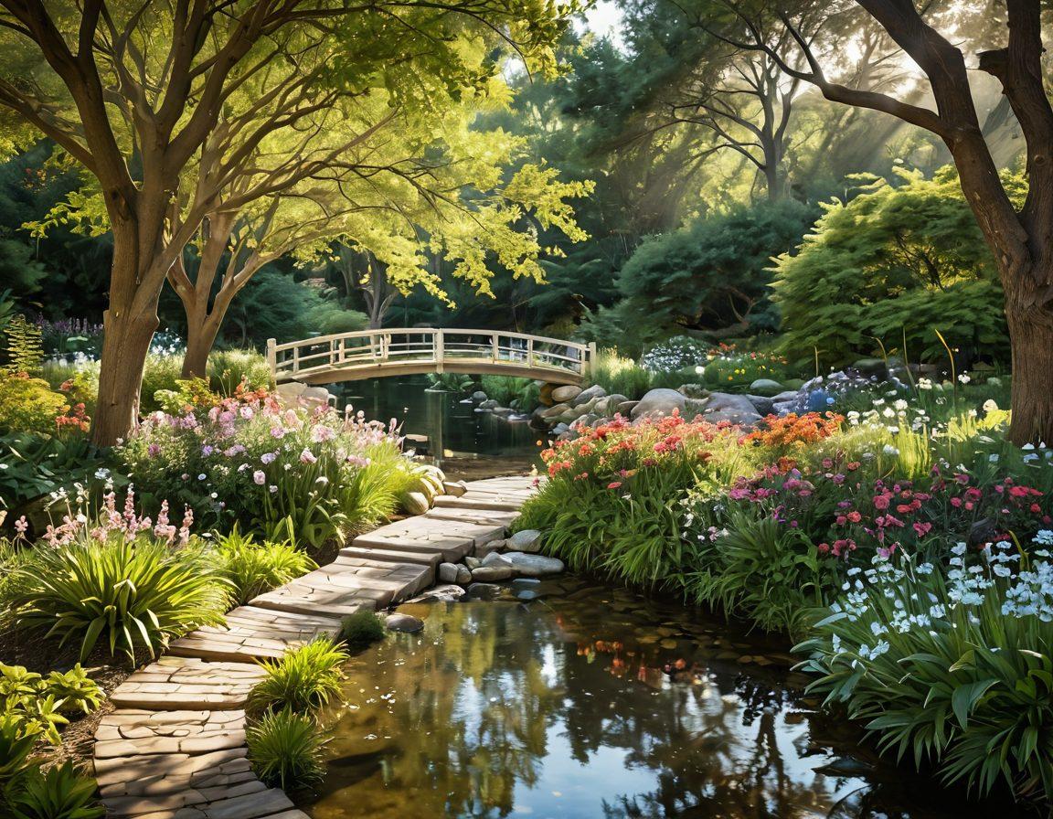 A serene landscape depicting a peaceful garden with blooming flowers and a gentle stream, symbolizing hope and healing. In the foreground, a diverse group of patients and healthcare professionals share a moment of connection, discussing strategies and support. Soft sunlight filters through the trees, creating a warm and inviting atmosphere. This image conveys the journey of finding joy amidst challenges. super-realistic. vibrant colors. calming tones.