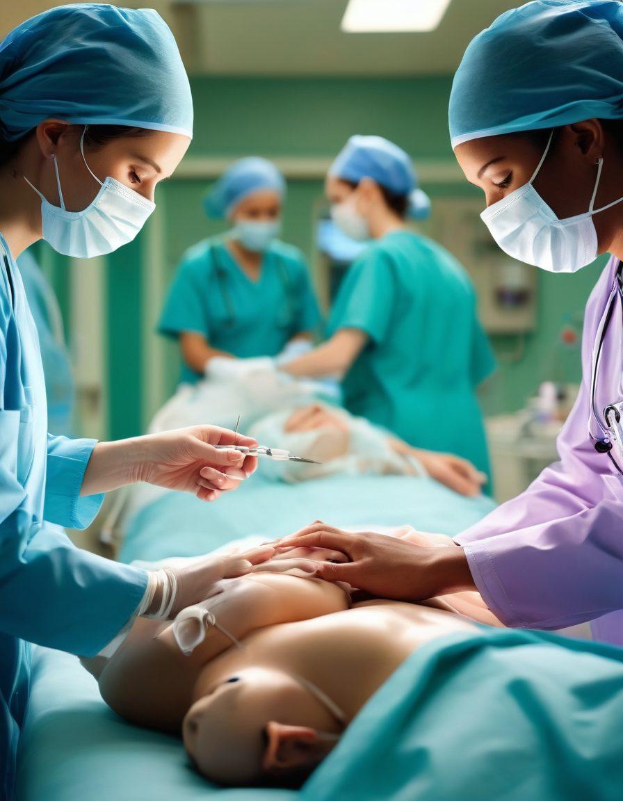 A serene hospital scene showcasing a compassionate surgical team working together, with a patient being prepared for surgery. The atmosphere should radiate warmth and hope, with soft lighting and supportive gestures among the team. Include symbols of care such as reassuring hand-holding and patient-focused technology. The background should feature inspirational quotes about overcoming challenges. super-realistic. warm colors. soft focus.